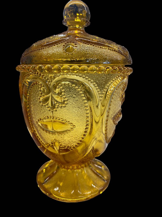 Vintage Amber Heart Scroll Pattern Candy Dish with Lid