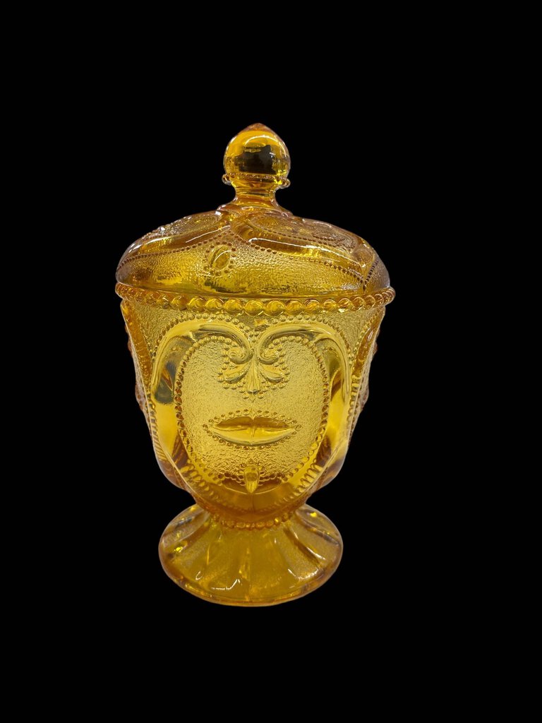 Vintage Amber Heart Scroll Pattern Candy Dish with Lid