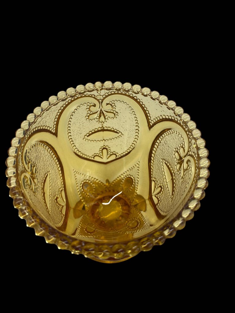 Vintage Amber Heart Scroll Pattern Candy Dish with Lid