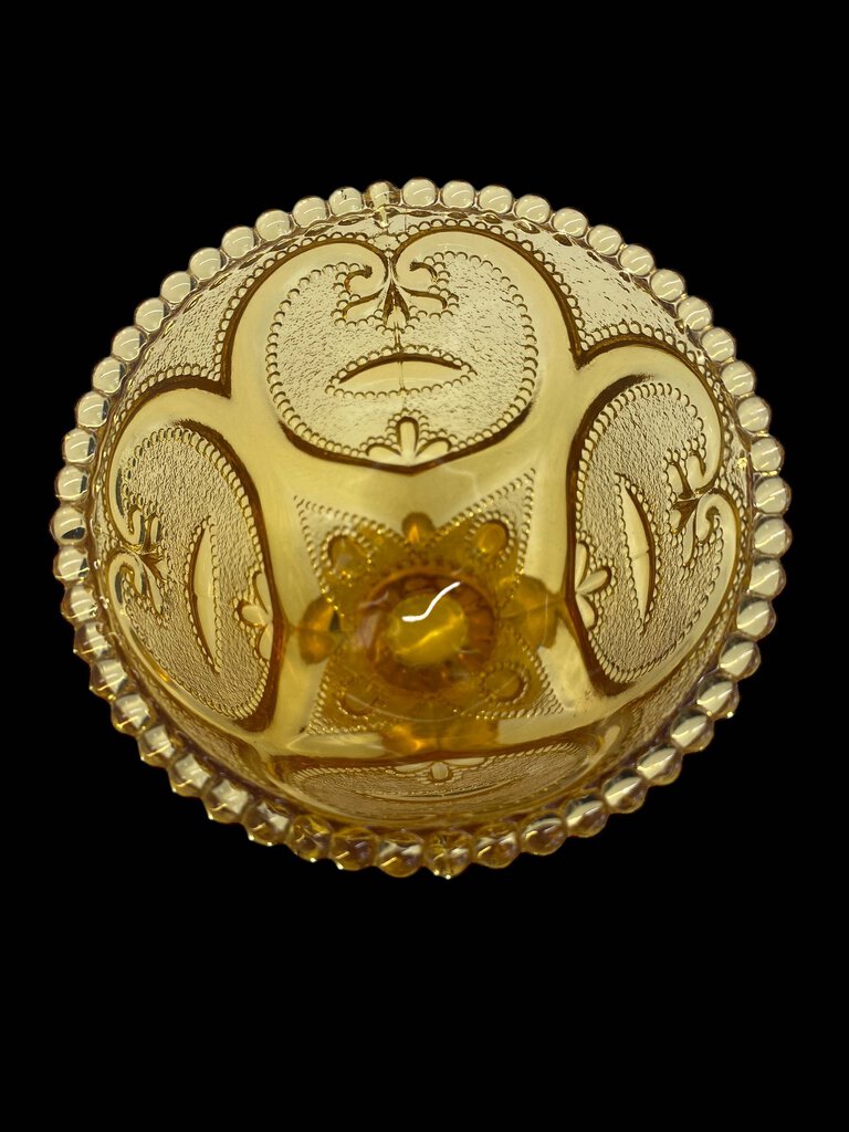 Vintage Amber Heart Scroll Pattern Candy Dish with Lid