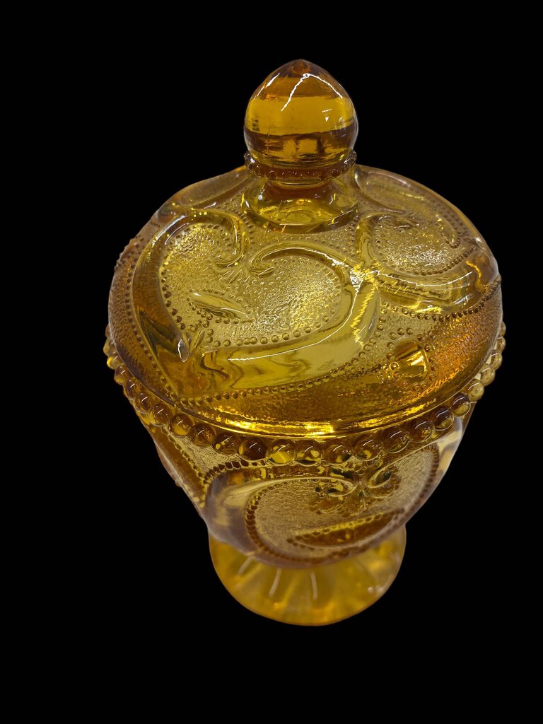 Vintage Amber Heart Scroll Pattern Candy Dish with Lid