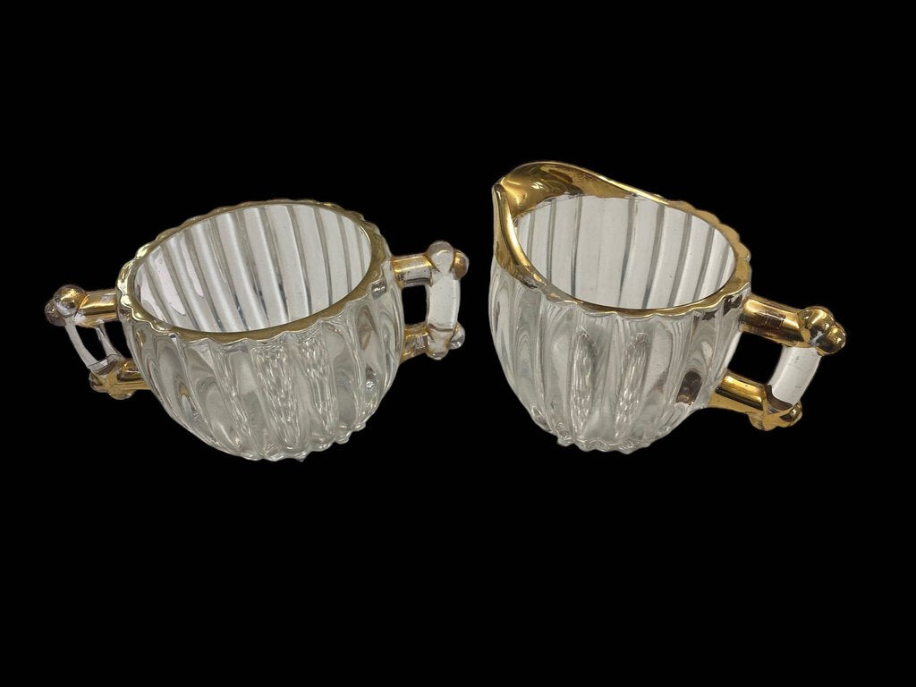 Vintage Jeanette Pattern Glass Cream & Sugar Bowl Creamer Gold Trim
