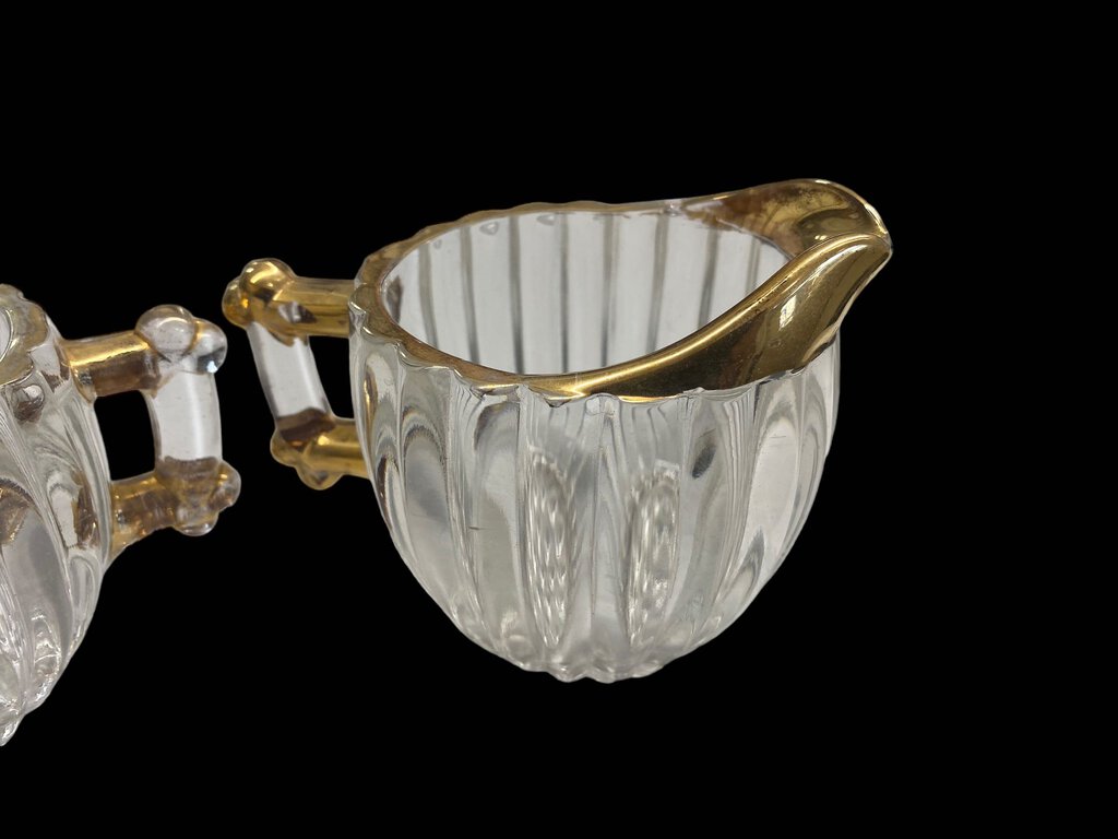 Vintage Jeanette Pattern Glass Cream & Sugar Bowl Creamer Gold Trim