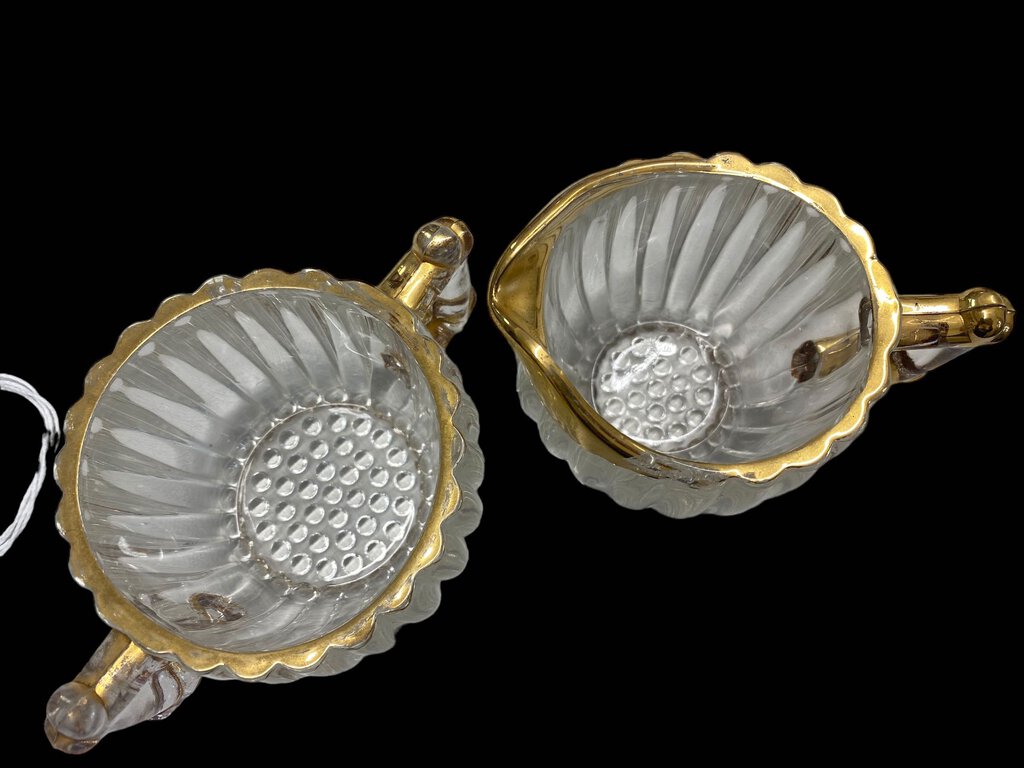Vintage Jeanette Pattern Glass Cream & Sugar Bowl Creamer Gold Trim