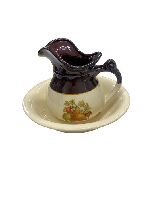 Vintage McCoy Ceramic Pitcher and Basin Bowl 7515 Brown Beige Fruit