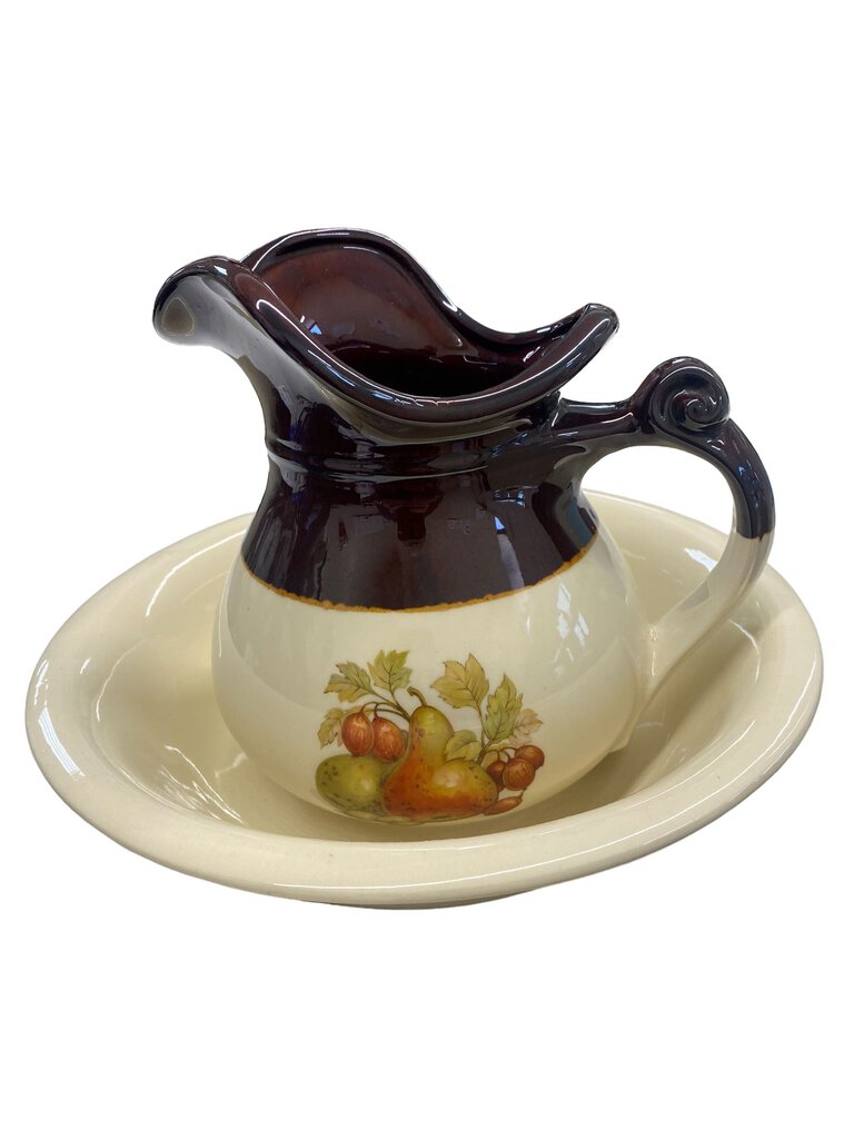 Vintage McCoy Ceramic Pitcher and Basin Bowl 7515 Brown Beige Fruit