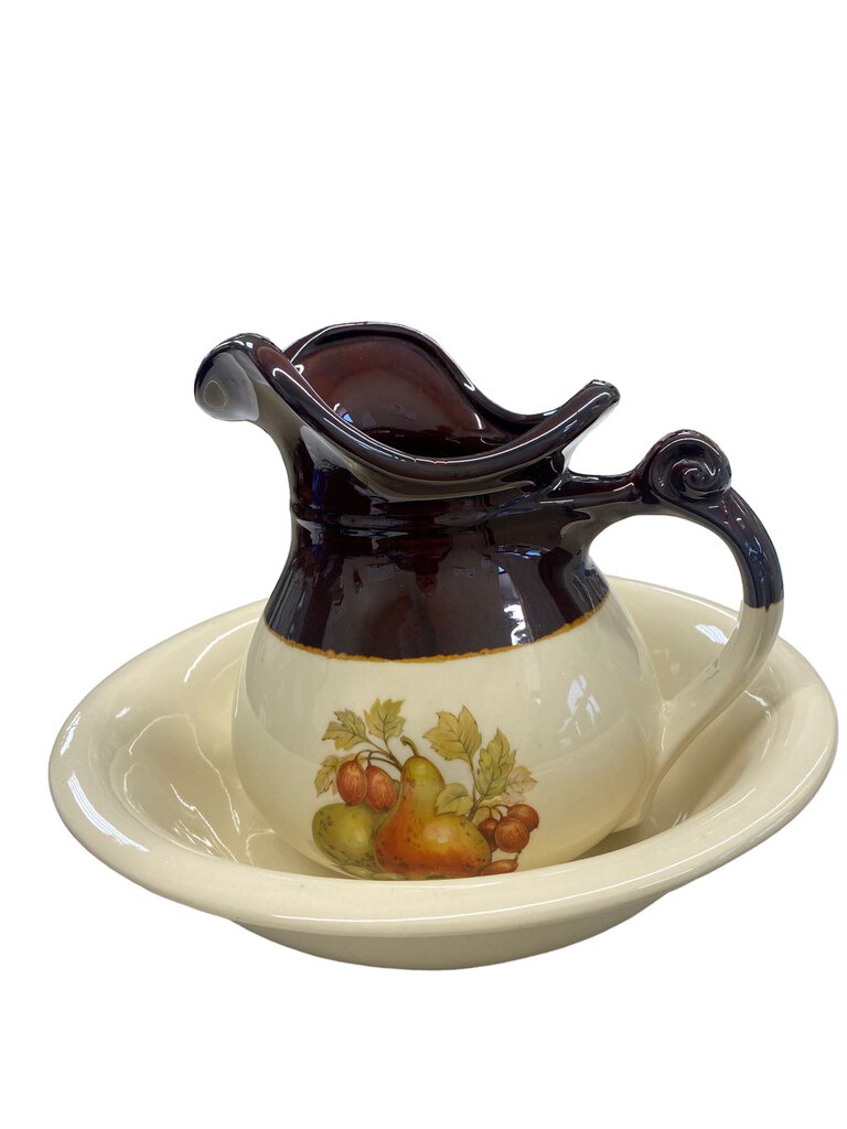 Vintage McCoy Ceramic Pitcher and Basin Bowl 7515 Brown Beige Fruit