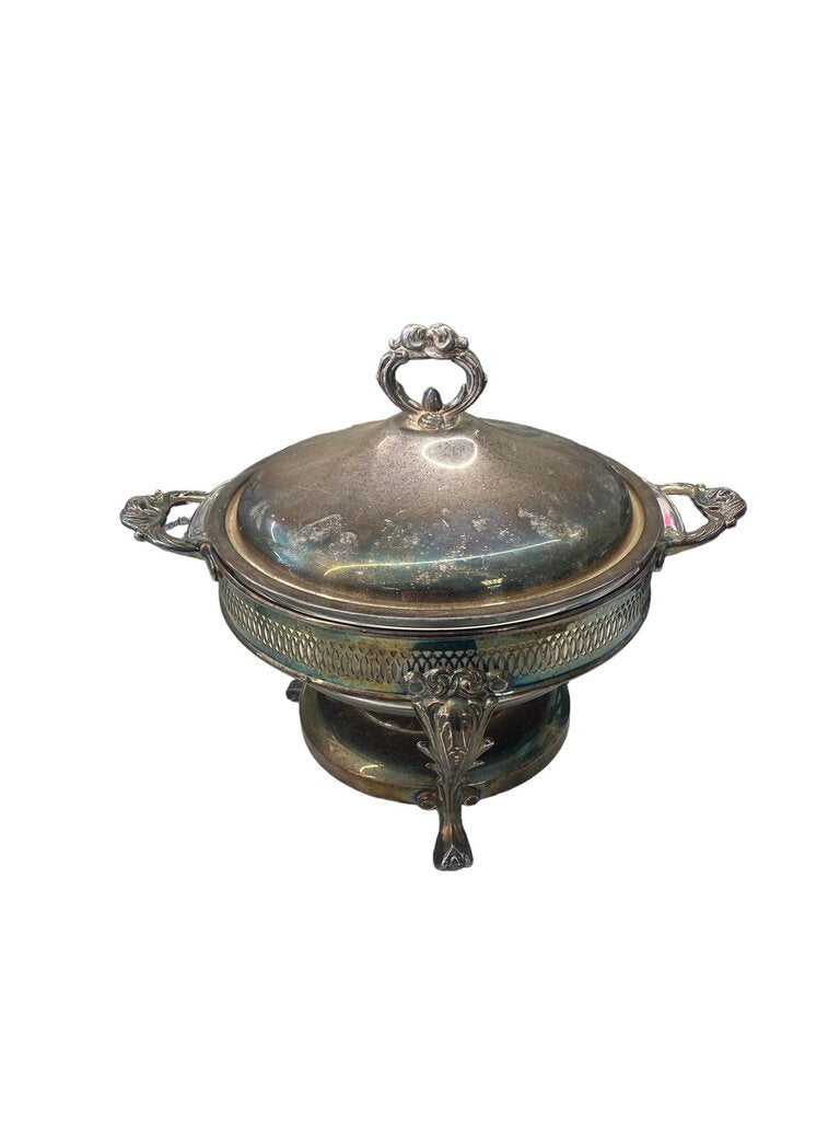 Vintage Silver Plated Three Footed Chafing Casserole Warmer 3 Quart Glass Dish