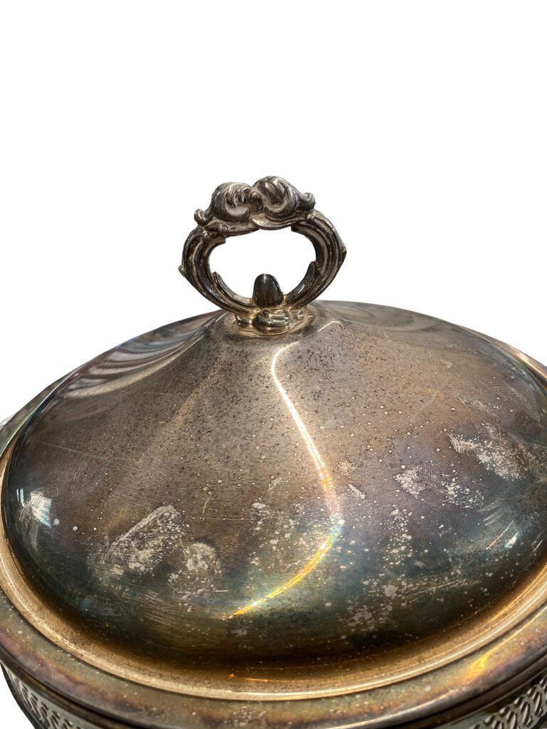 Vintage Silver Plated Three Footed Chafing Casserole Warmer 3 Quart Glass Dish