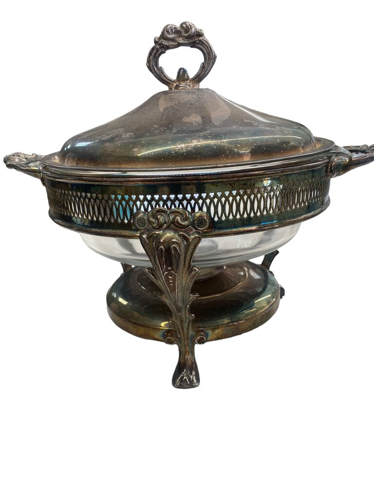 Vintage Silver Plated Three Footed Chafing Casserole Warmer 3 Quart Glass Dish