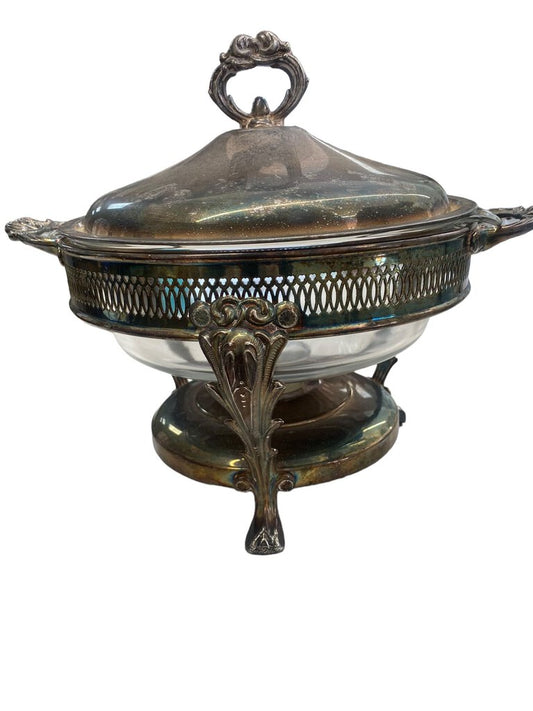 Vintage Silver Plated Three Footed Chafing Casserole Warmer 3 Quart Glass Dish