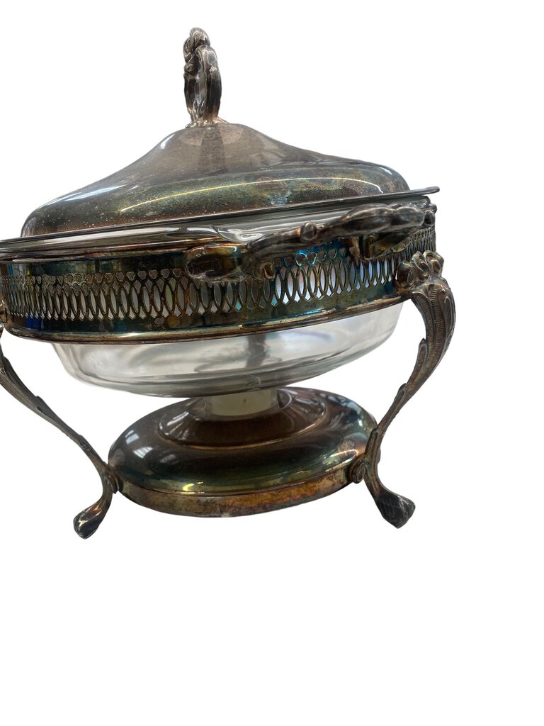 Vintage Silver Plated Three Footed Chafing Casserole Warmer 3 Quart Glass Dish