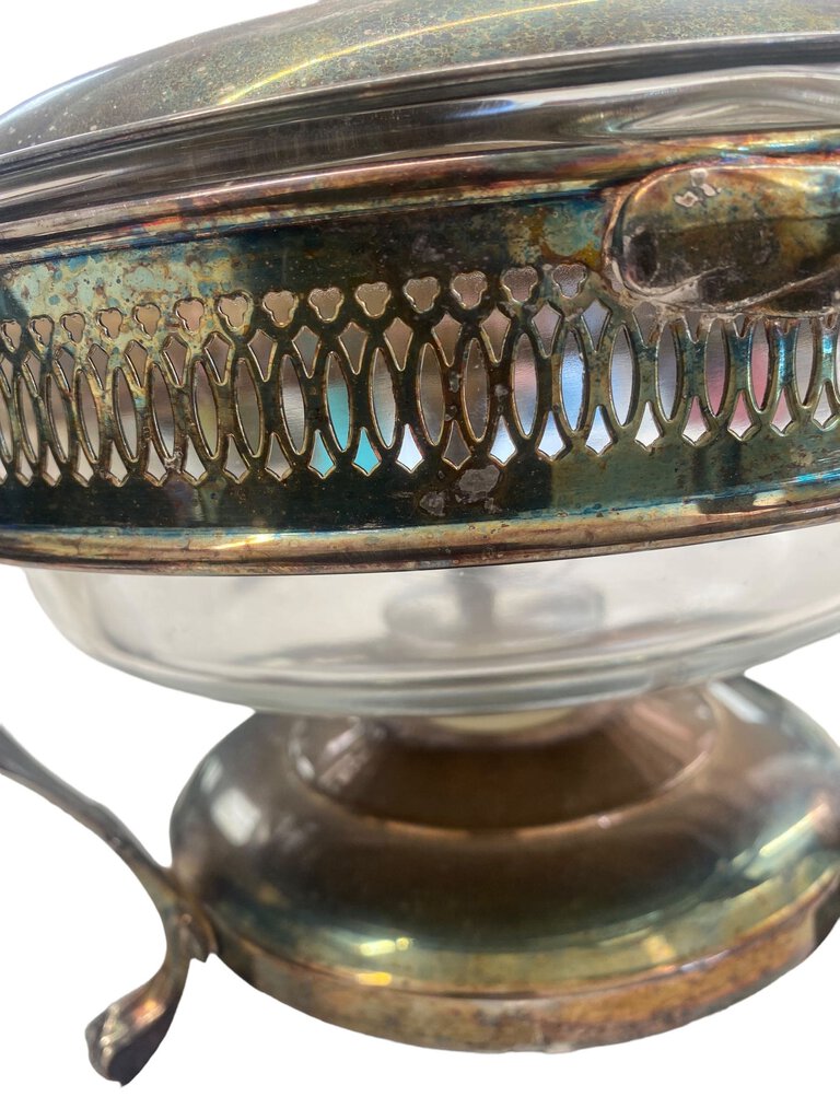 Vintage Silver Plated Three Footed Chafing Casserole Warmer 3 Quart Glass Dish