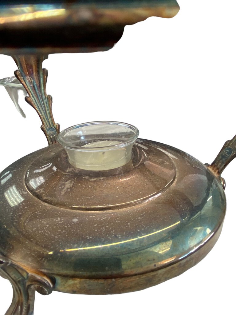 Vintage Silver Plated Three Footed Chafing Casserole Warmer 3 Quart Glass Dish