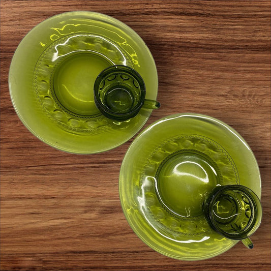 Vintage Indiana glass Kings crown Thumbprint Green Luncheon Set 2 plates With Cups