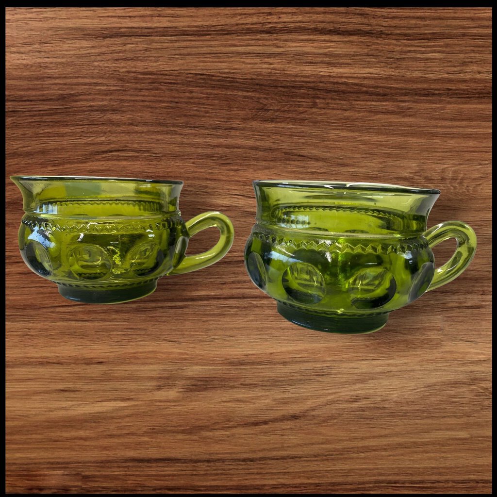 Vintage Indiana glass Kings crown Thumbprint Green Luncheon Set 2 plates With Cups