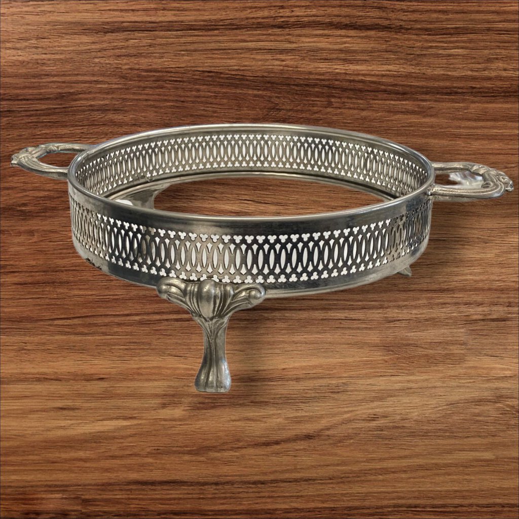 Vintage Silver Pie Plate Cradle Casserole Dish Stand Footed Plant Stand