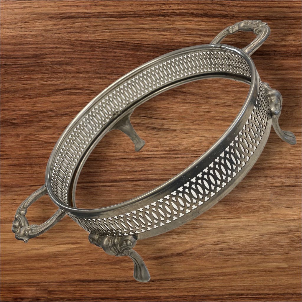 Vintage Silver Pie Plate Cradle Casserole Dish Stand Footed Plant Stand