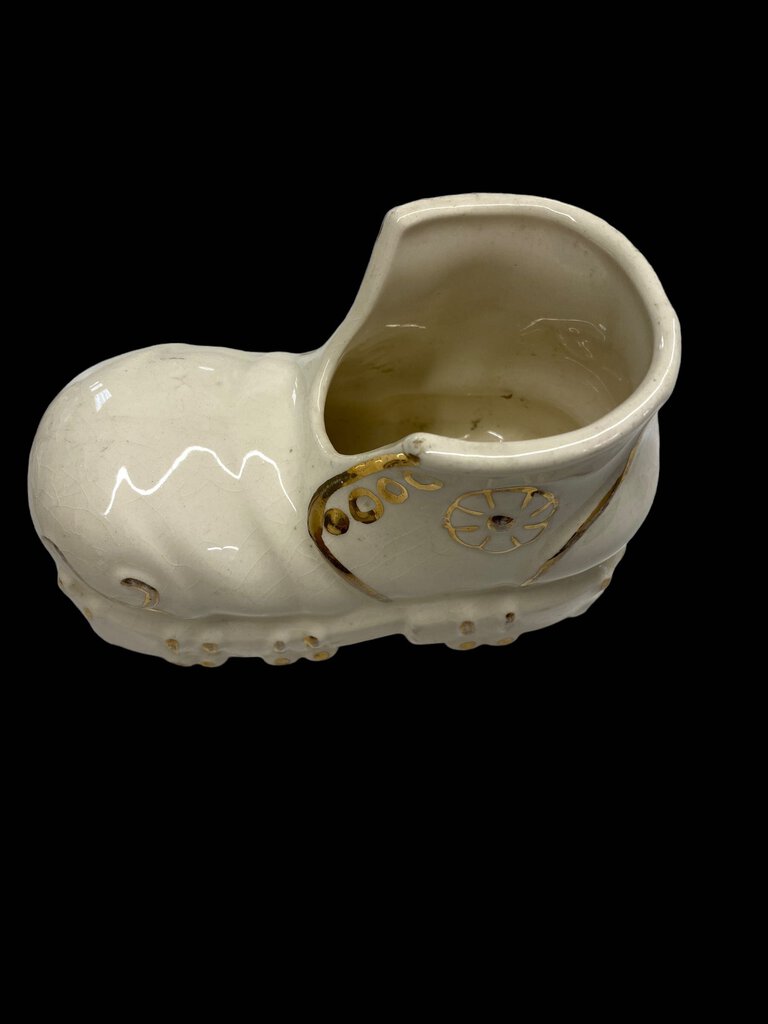 Vintage Ceramic Shoe White Boot Gold Trim Planter