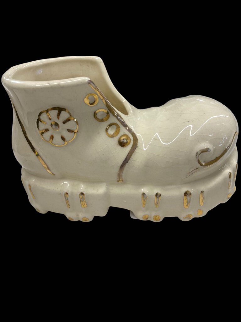 Vintage Ceramic Shoe White Boot Gold Trim Planter