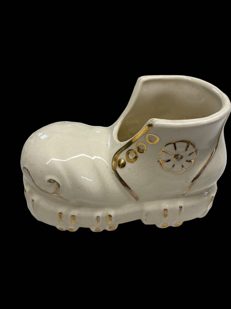 Vintage Ceramic Shoe White Boot Gold Trim Planter
