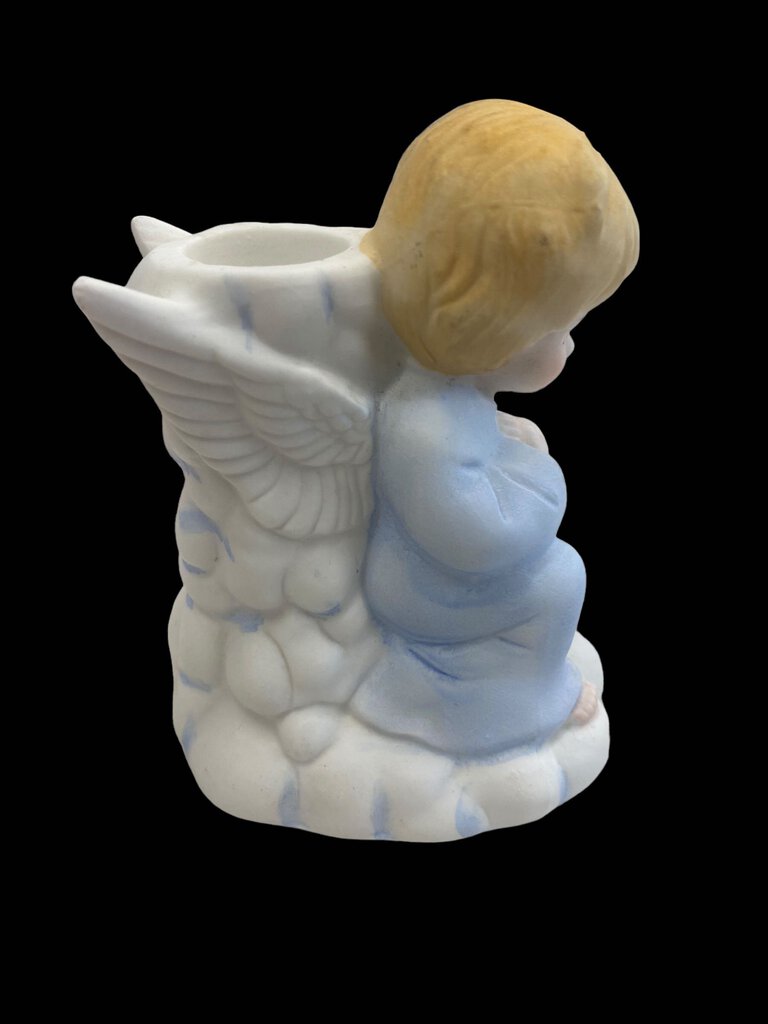Vintage Ceramic Blue Boy Kneeling Prayer Praying Angel Taper Candle Holder