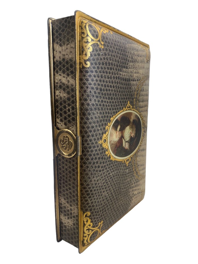 Victorian Tin Candy Box Latch Portrait Snakeskin Pattern 1800s Trinket Candy