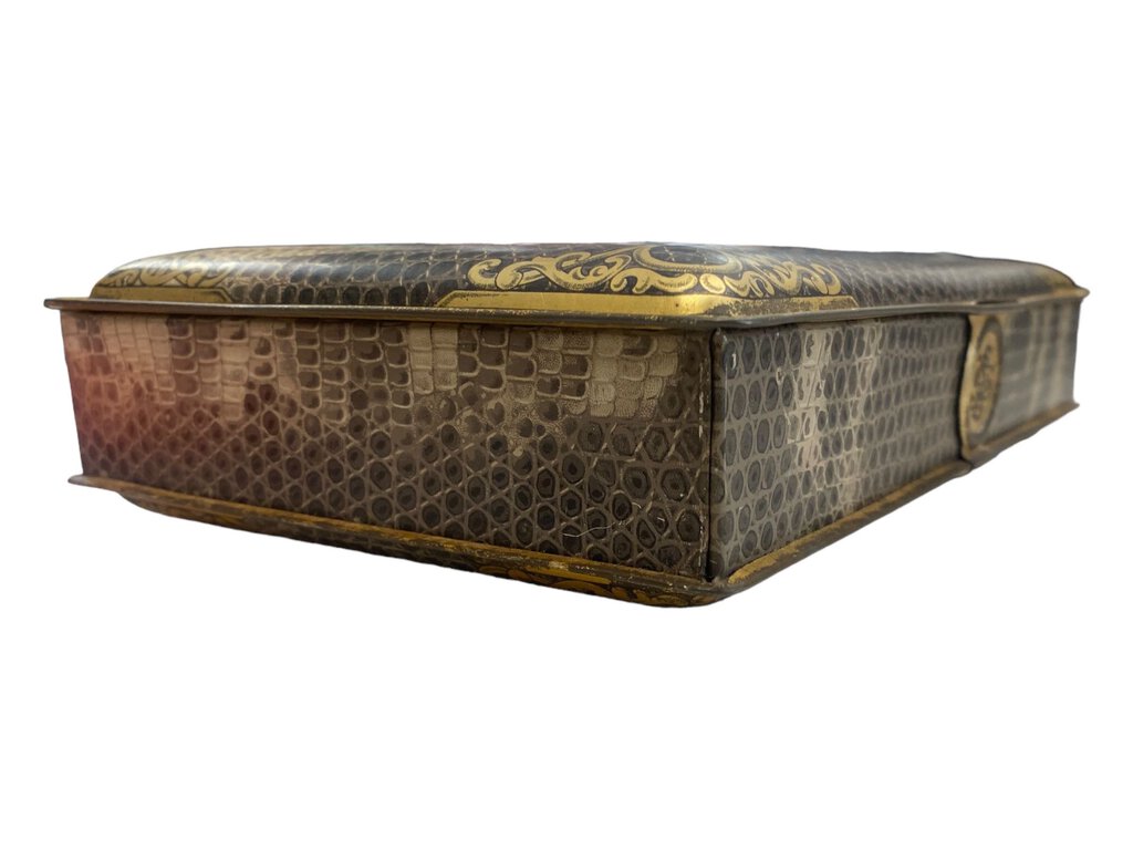 Victorian Tin Candy Box Latch Portrait Snakeskin Pattern 1800s Trinket Candy