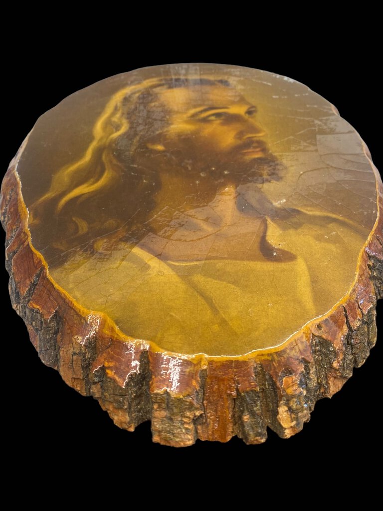 Vintage Picture Of Jesus Rustic Art Plaque on Wood Tree Slice