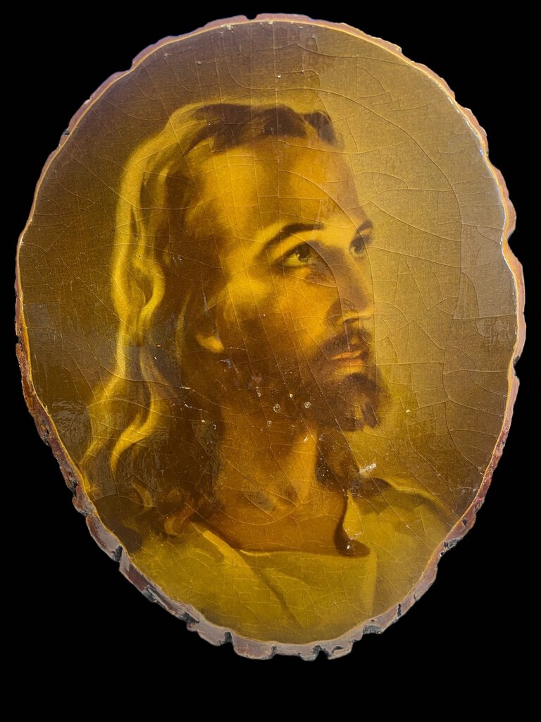 Vintage Picture Of Jesus Rustic Art Plaque on Wood Tree Slice