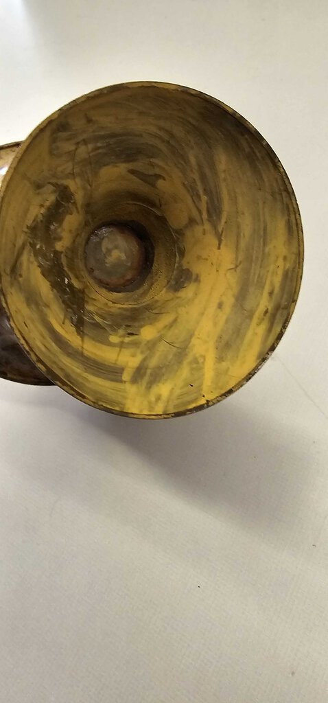 BRASS PEDESTAL VASE PATINA BRAIDED RIM.