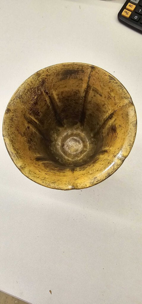 BRASS PEDESTAL VASE PATINA BRAIDED RIM.