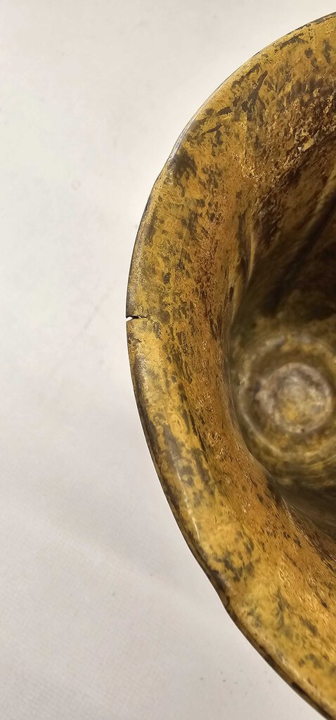 BRASS PEDESTAL VASE PATINA BRAIDED RIM.