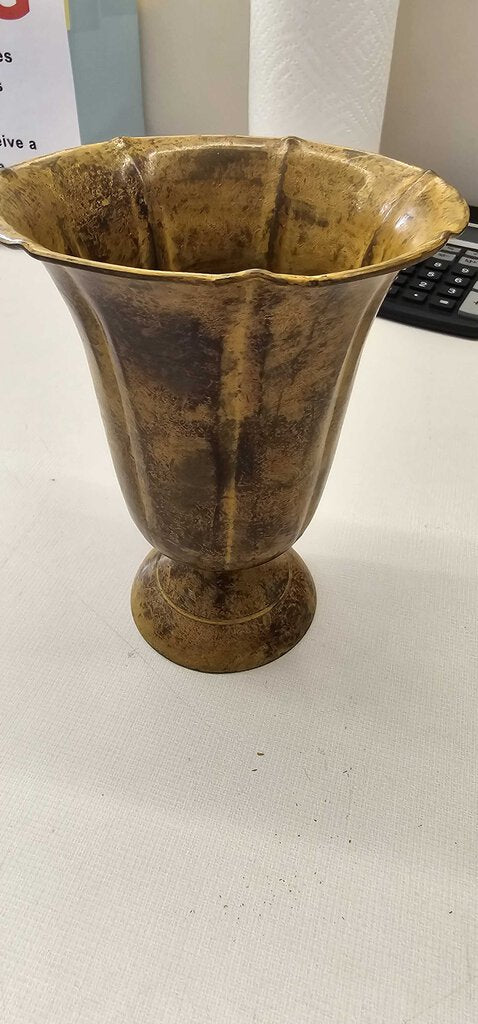 BRASS PEDESTAL VASE PATINA BRAIDED RIM.
