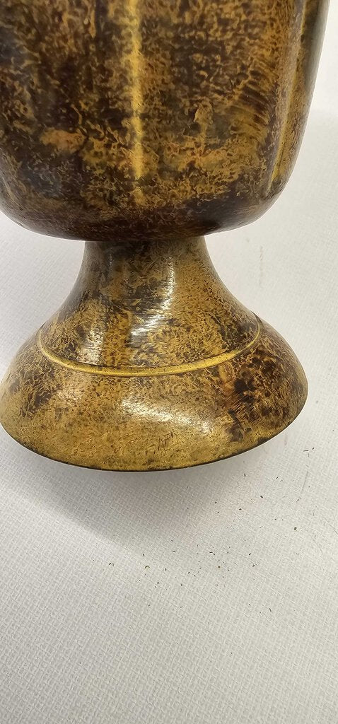 BRASS PEDESTAL VASE PATINA BRAIDED RIM.