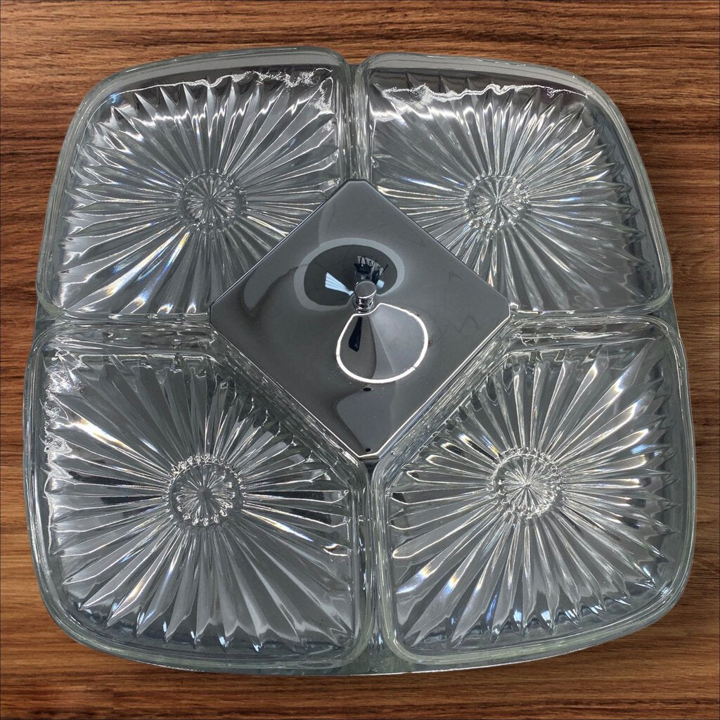 Mid Century Vintage 50's Milbern Kromex Glass Lazy Susan Relish Tray Spins