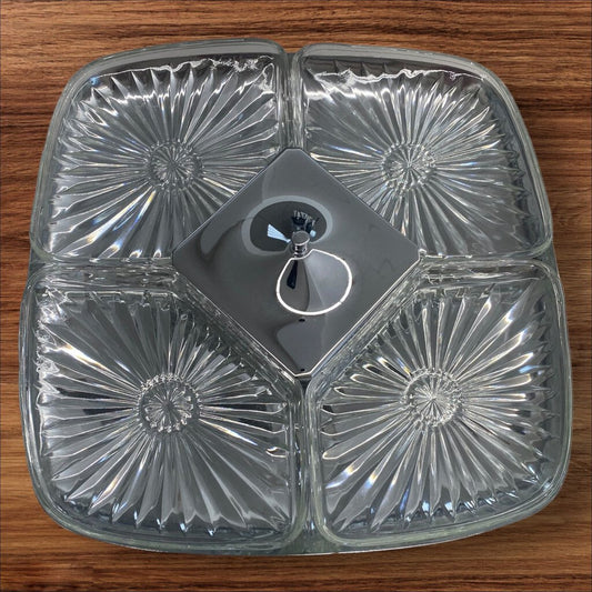 Mid Century Vintage 50's Milbern Kromex Glass Lazy Susan Relish Tray Spins