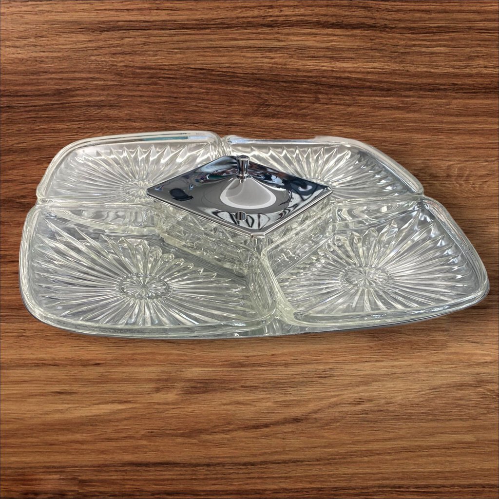 Mid Century Vintage 50's Milbern Kromex Glass Lazy Susan Relish Tray Spins