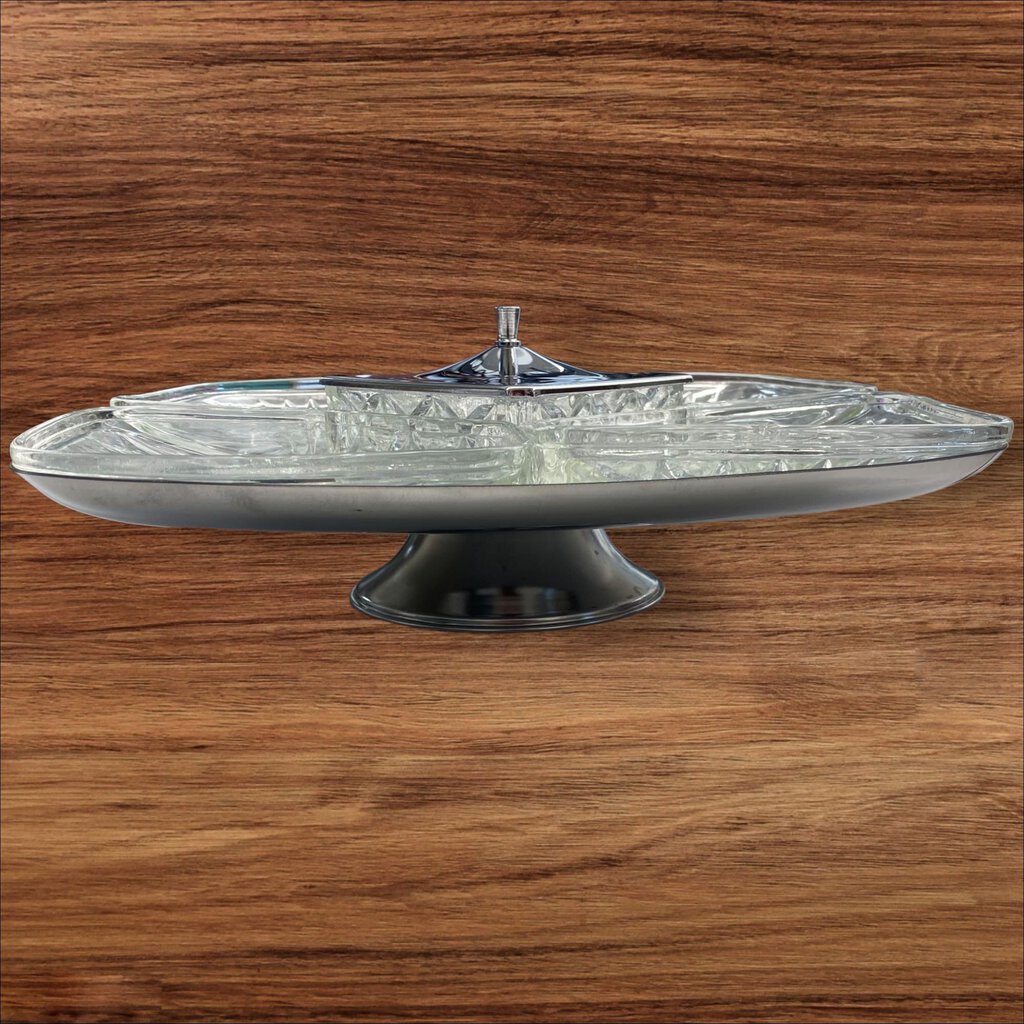 Mid Century Vintage 50's Milbern Kromex Glass Lazy Susan Relish Tray Spins