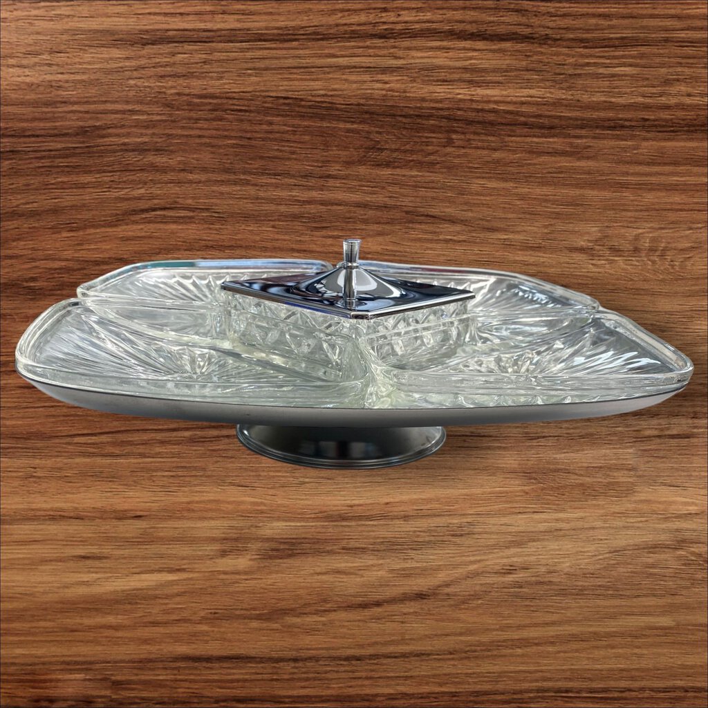 Mid Century Vintage 50's Milbern Kromex Glass Lazy Susan Relish Tray Spins