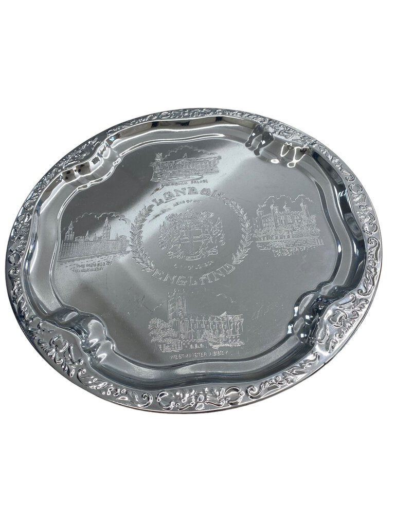 London England Souvenir Silver Tray House of Parliament Westminster Abbey Tower