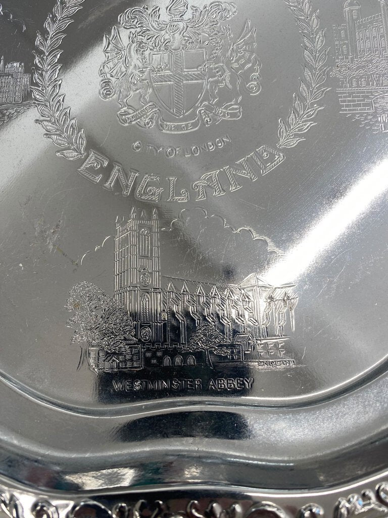 London England Souvenir Silver Tray House of Parliament Westminster Abbey Tower