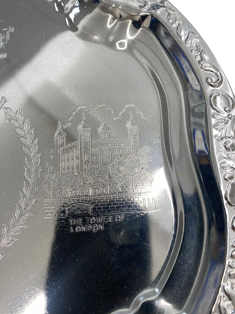 London England Souvenir Silver Tray House of Parliament Westminster Abbey Tower