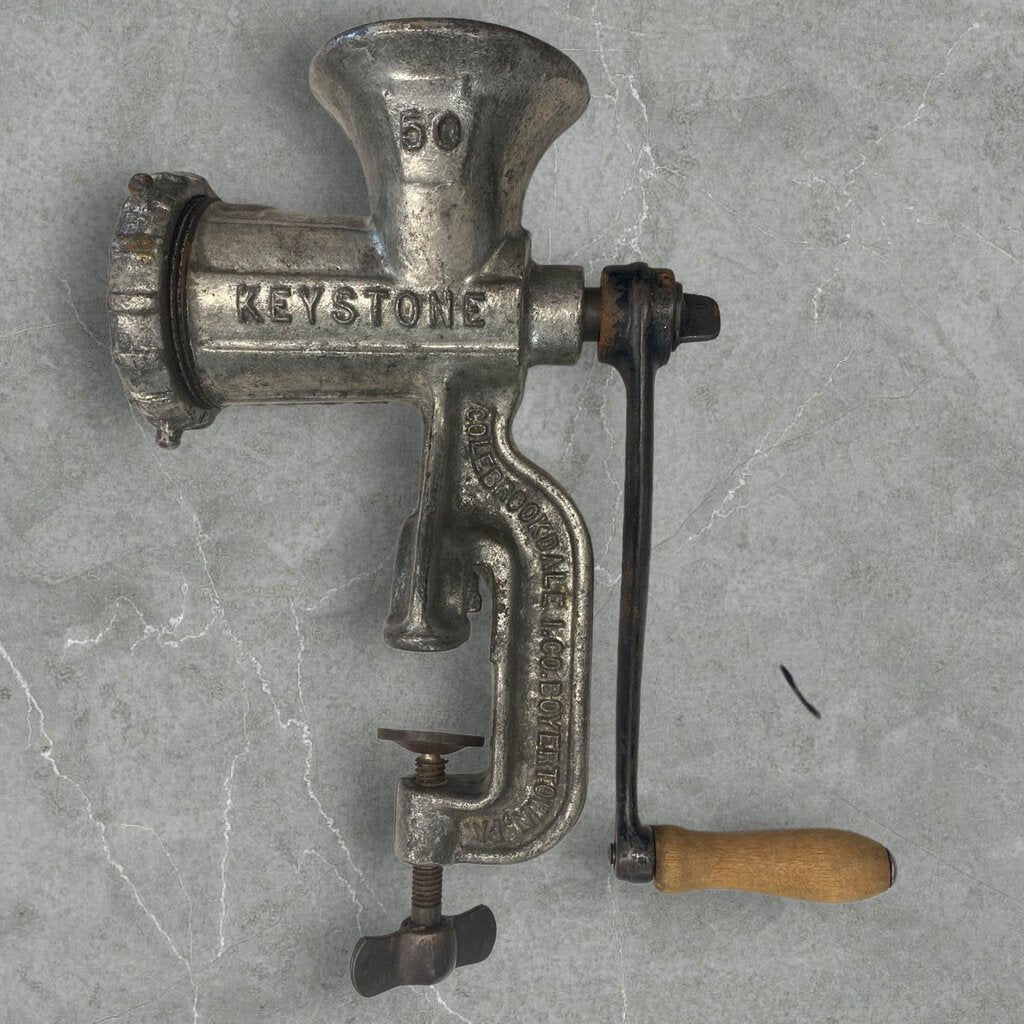 Vintage Keystone #50 Metal Meat Grinder Hand Crank Wood Handle