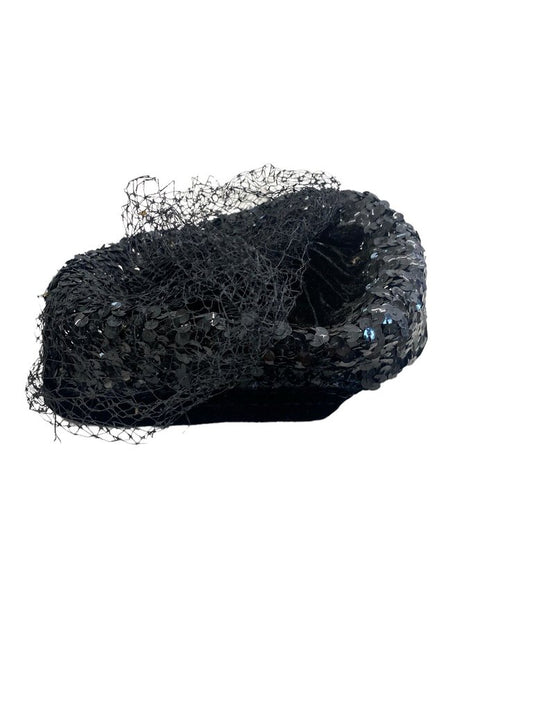 Vintage Black Sequined Netted Mourners Hat