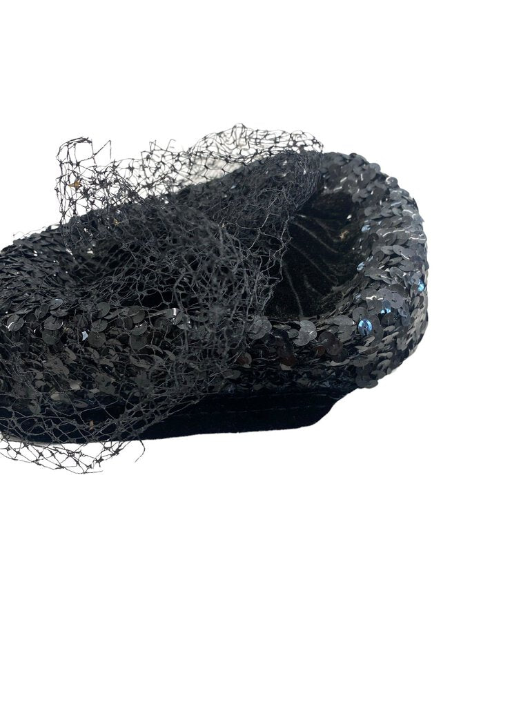 Vintage Black Sequined Netted Mourners Hat