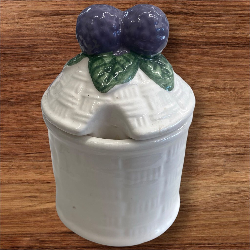 Vintage Ceramic Jam Jar Sugar Bowl Basket Weave Purple Berries Top NO SPOON