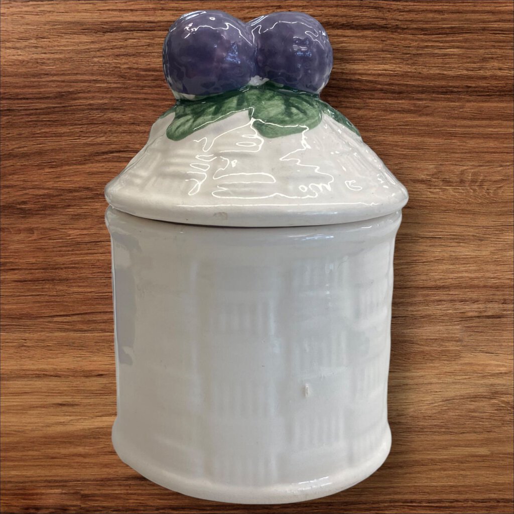 Vintage Ceramic Jam Jar Sugar Bowl Basket Weave Purple Berries Top NO SPOON