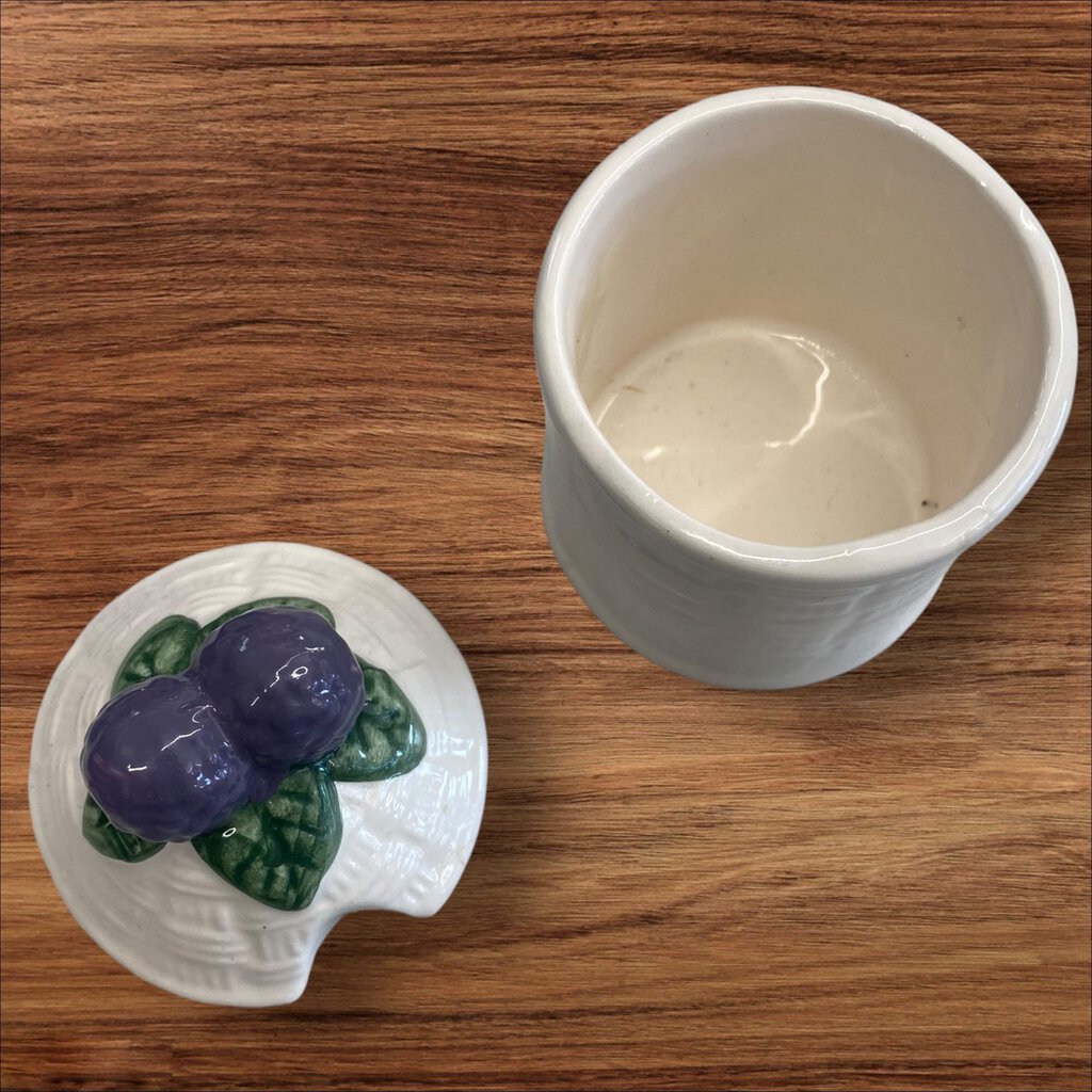 Vintage Ceramic Jam Jar Sugar Bowl Basket Weave Purple Berries Top NO SPOON