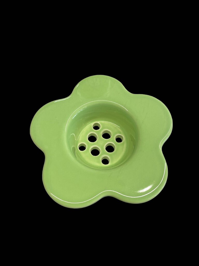 Vintage Ceramic Flower Frog Green Mason Jar Vase Top Topper Scalloped V